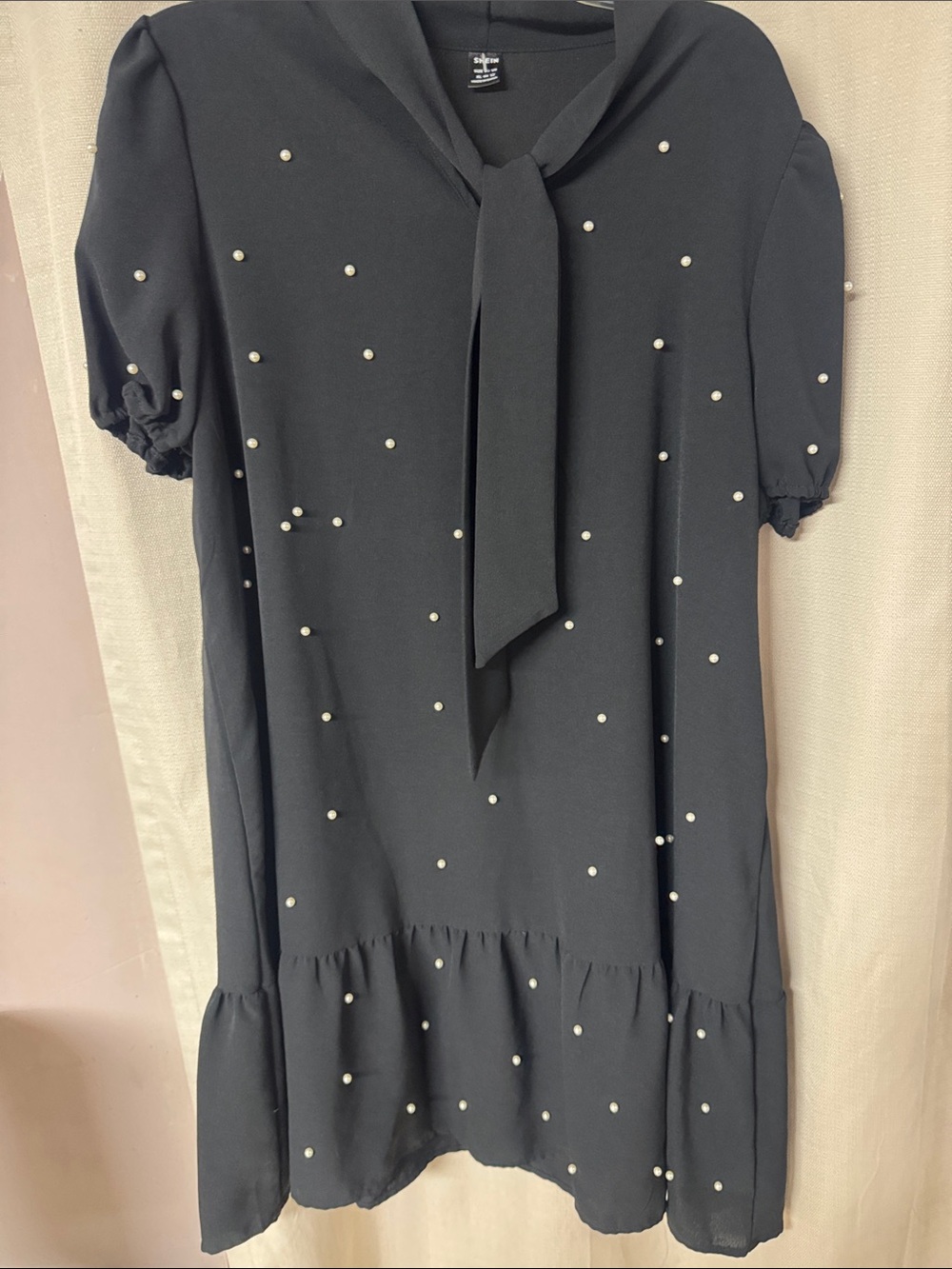 Black Pearl-Accent Tie-Neck Formal Dress